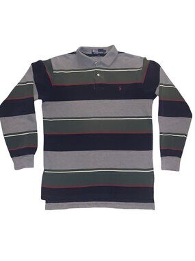 Polo Ralph Lauren Rugby Shirt Gray Blue Stripe Long Sleeve Classic Pony  Logo